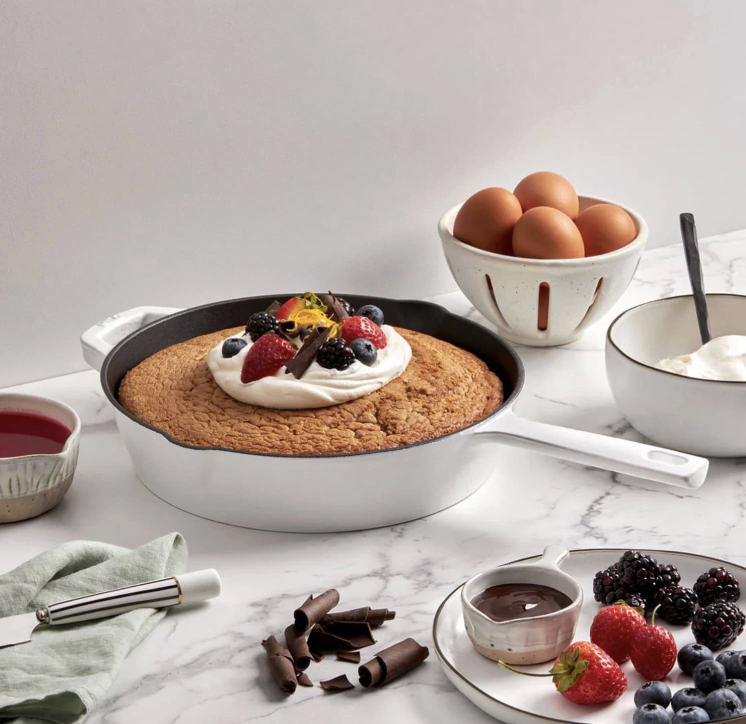 a cake inside of a cast iron pan