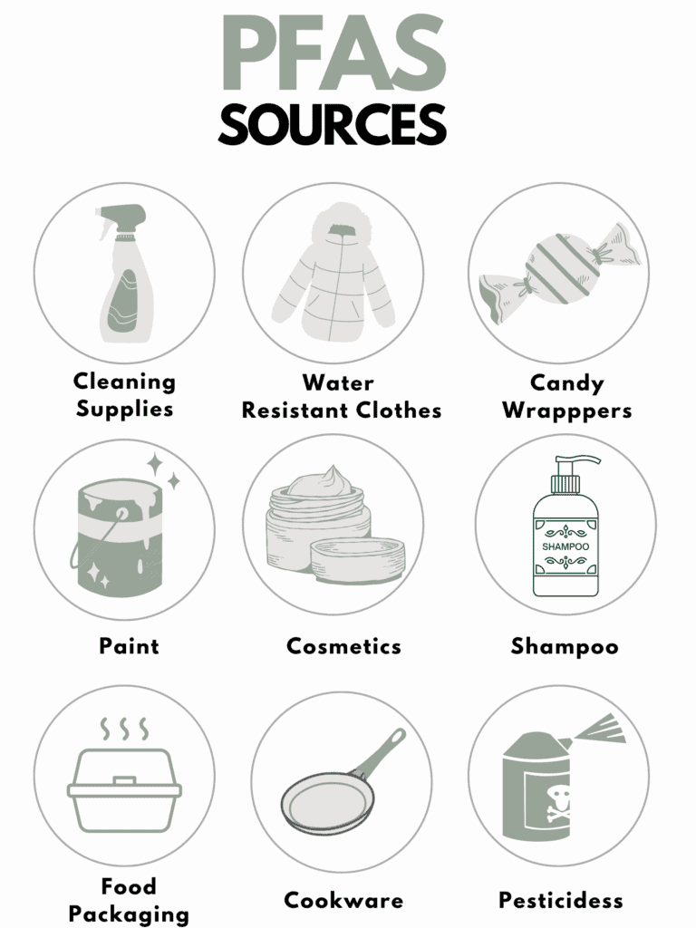 Infographic titled “PFAS Sources” showing common exposure sources including cleaning supplies, water-resistant clothing, candy wrappers, paint, cosmetics, shampoo, food packaging, cookware, and pesticides.