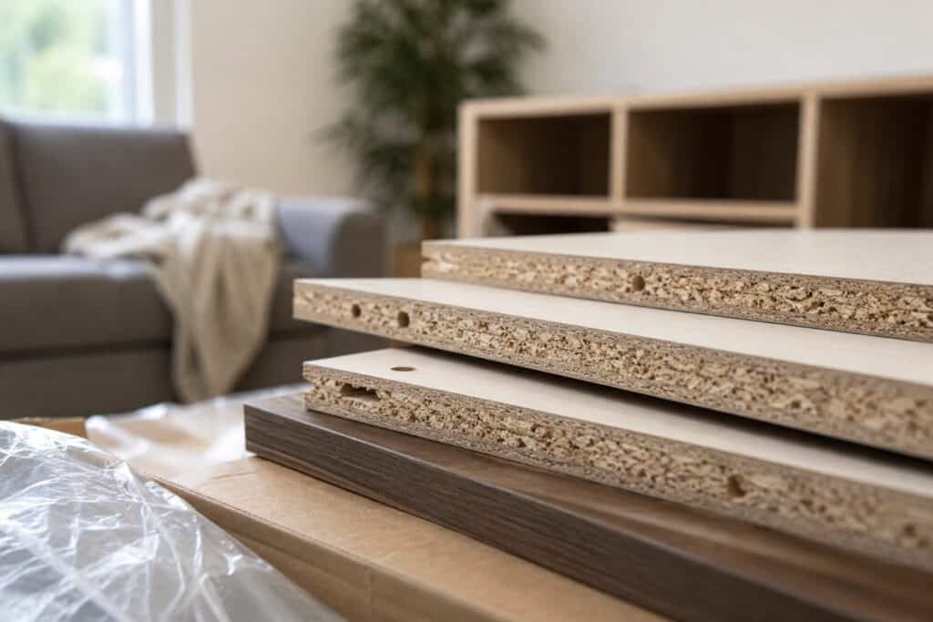 Stacked particleboard furniture panels with exposed engineered wood edges resting on packaging materials in a living room, illustrating a common source of formaldehyde emissions in furniture.