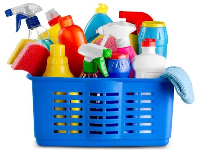 a basket of conventional cleaning supplies