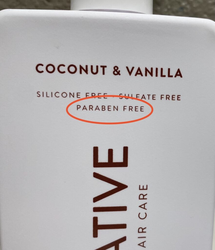 a "paraben-free" label listed on a conditioner bottle