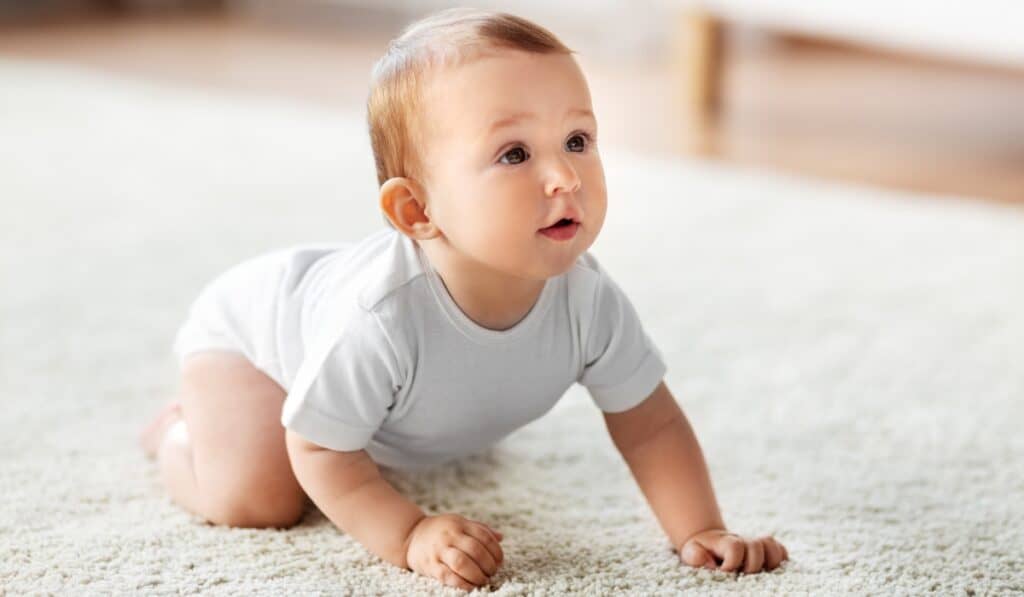 baby crawling on a carpet