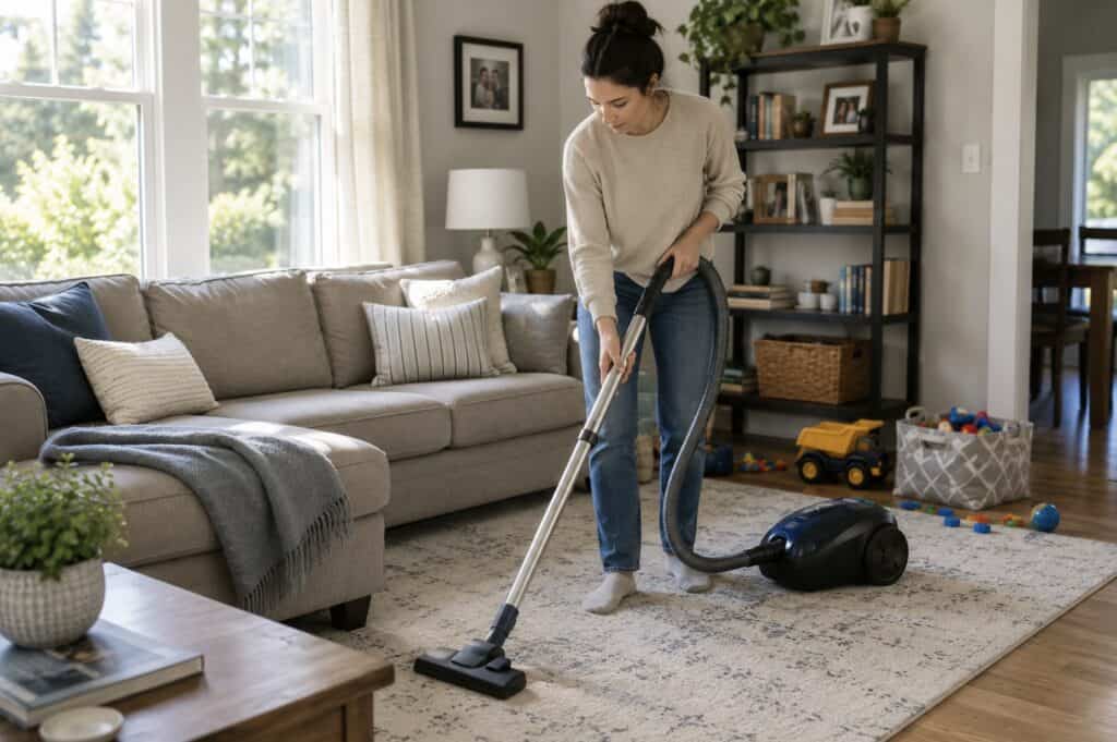 Parent vacuuming a family living room with children's toys on the floor and sunlight streaming through large windows.