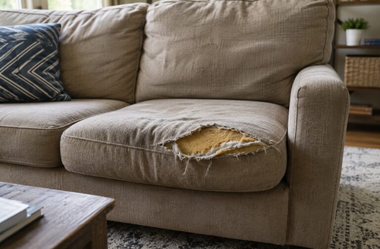 Worn beige couch with a torn seat cushion exposing yellow foam in a lived-in family room.