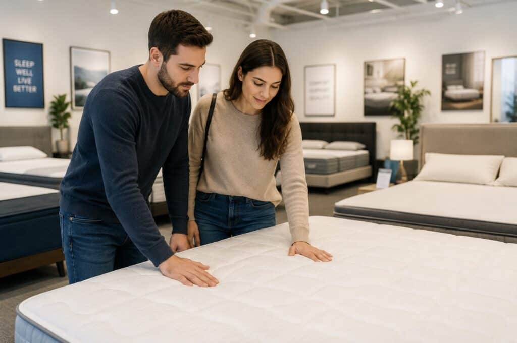 Couple shopping in a mattress store, comparing mattresses and pressing on the surface of a bed in a bright showroom.