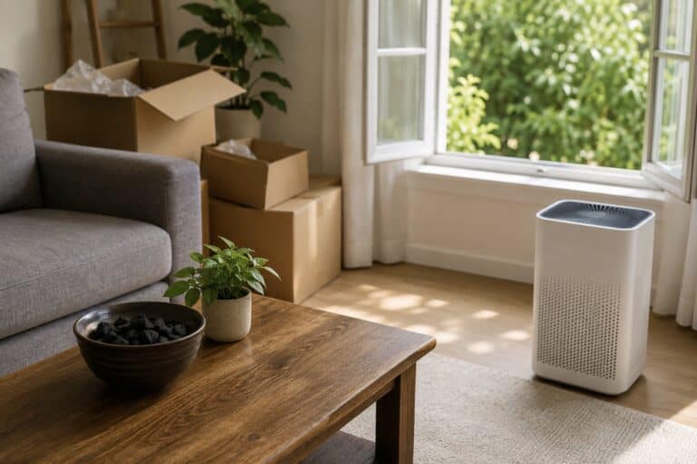 Sunlit living room with an open window, new furniture, an air purifier, activated charcoal on a wooden coffee table, and moving boxes in the background, illustrating common methods used to reduce indoor off-gassing and improve air quality.