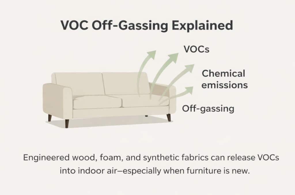 VOC off-gassing explained graphic showing a sofa releasing VOCs into indoor air