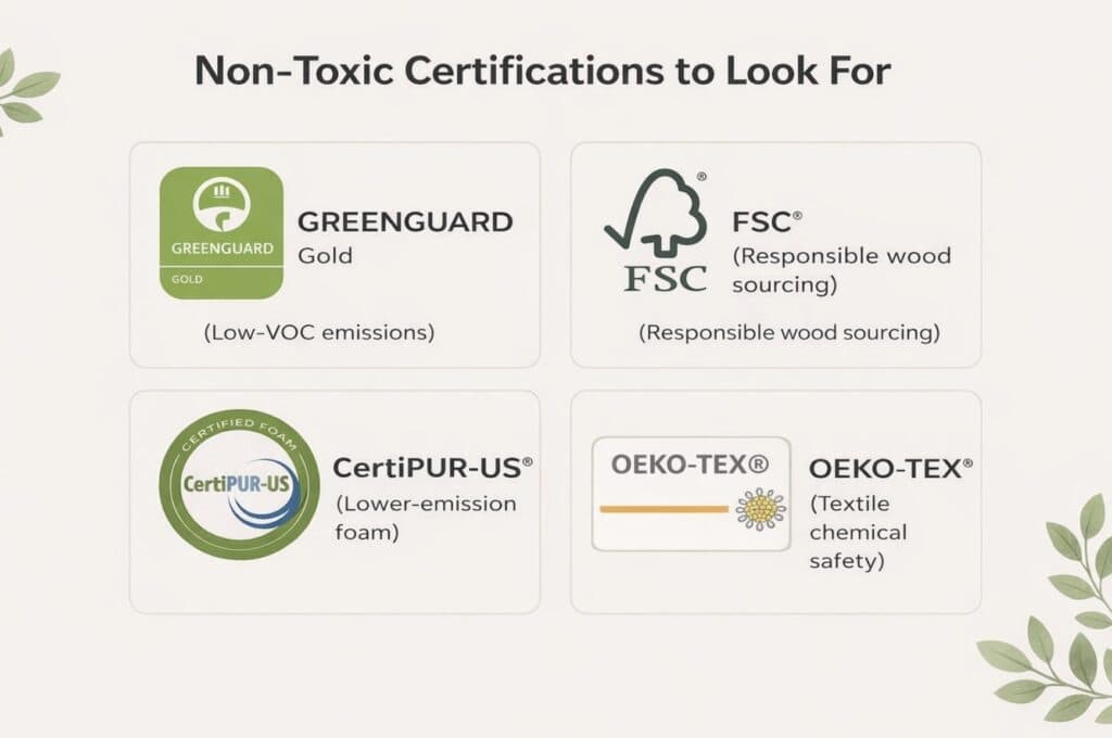 Non-toxic certifications to look for graphic showing GREENGUARD Gold, FSC, CertiPUR-US, and OEKO-TEX