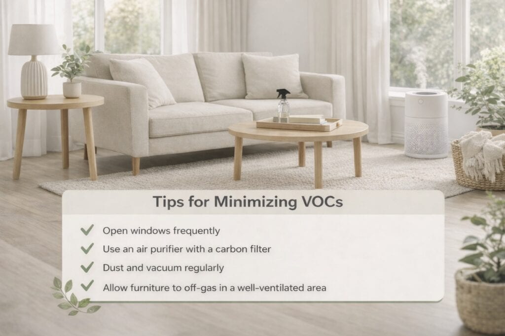 Graphic showing ventilation tips to reduce VOC off-gassing from furniture