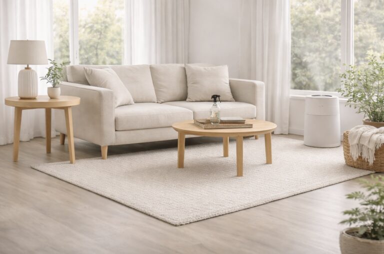 Modern beige couch in a bright living room with natural light and indoor plants