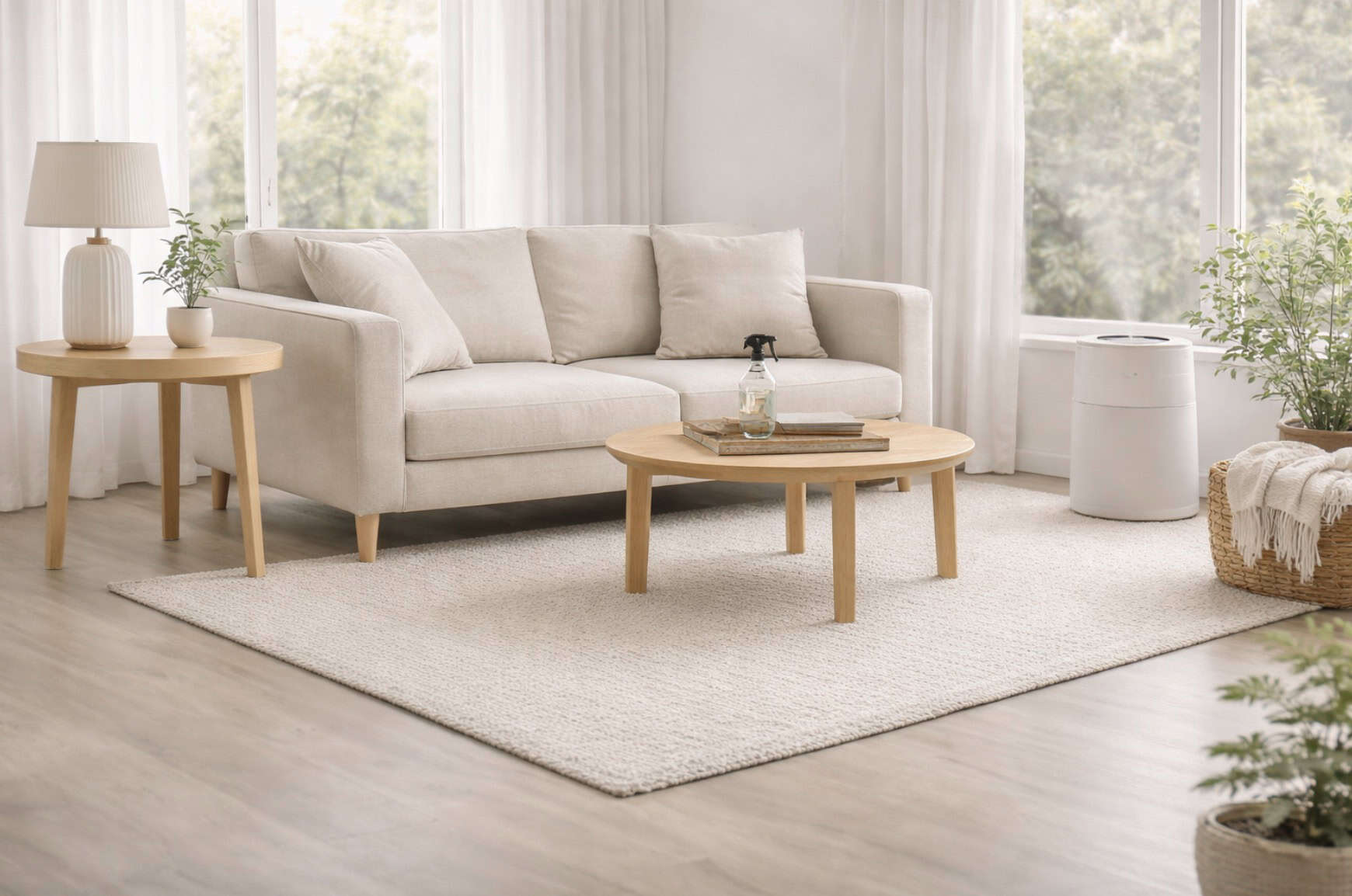 Modern beige couch in a bright living room with natural light and indoor plants