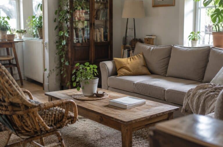 Cozy living room featuring sustainable furniture materials, including a natural wood coffee table, woven bamboo-style chair, linen sofa, and indoor plants, illuminated by soft natural daylight in a warm, eco-friendly home setting.