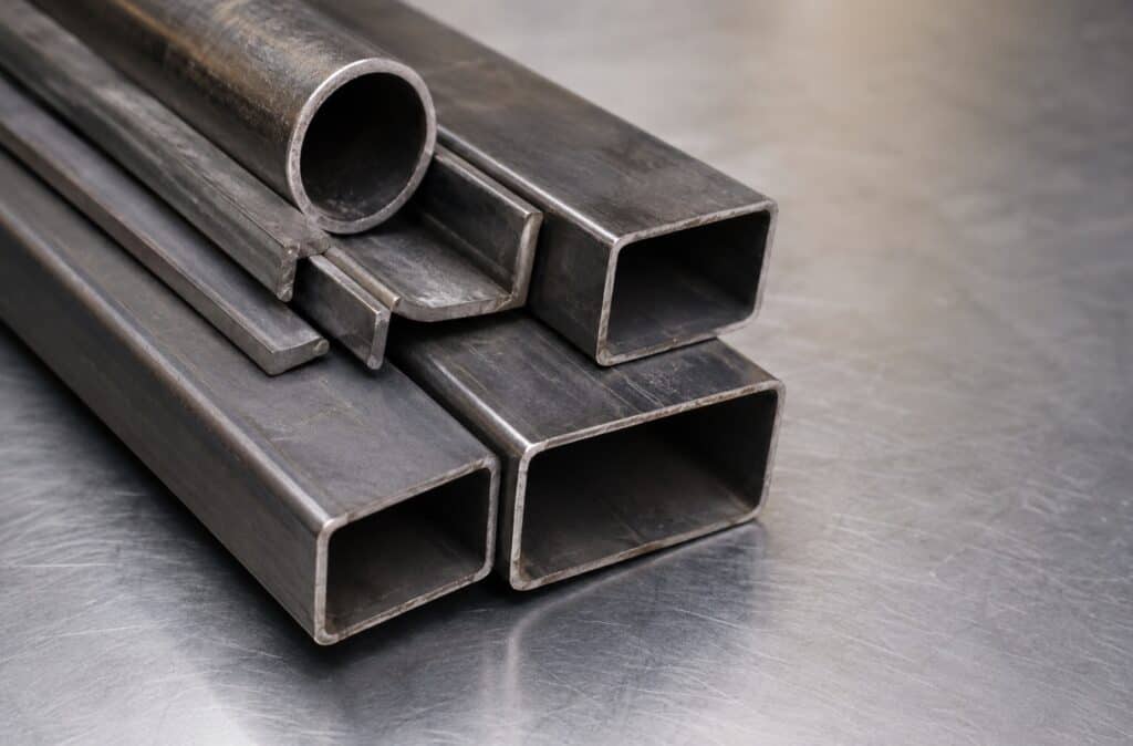 Close-up of recycled steel tubing and metal stock materials used in sustainable furniture manufacturing and construction.