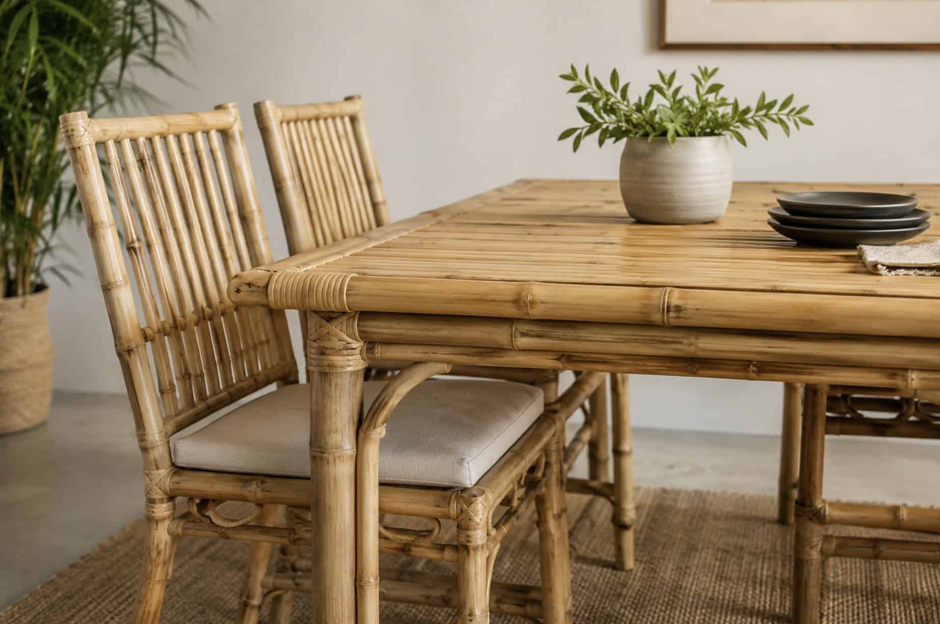 Natural bamboo dining table and matching bamboo chairs in a bright, minimalist dining room with neutral decor and indoor plants.