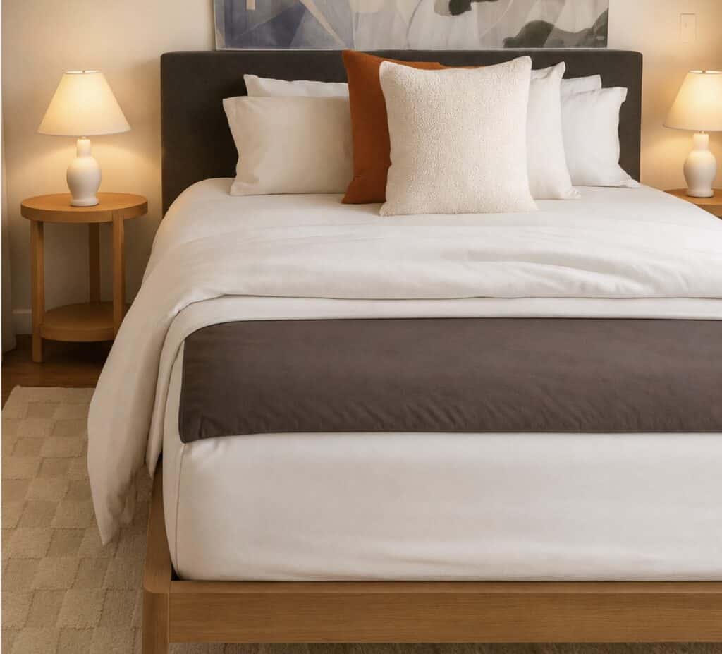 Premium Grounding conductive mattress cover on a neatly made bed in a modern bedroom with neutral bedding, wooden furniture, and warm bedside lighting.