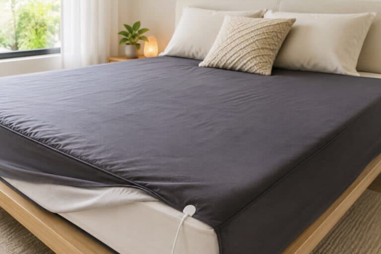 Organic grounding sheet fitted over a mattress in a bright modern bedroom, with a visible grounding cord connected at the corner and natural wood furniture in the background.