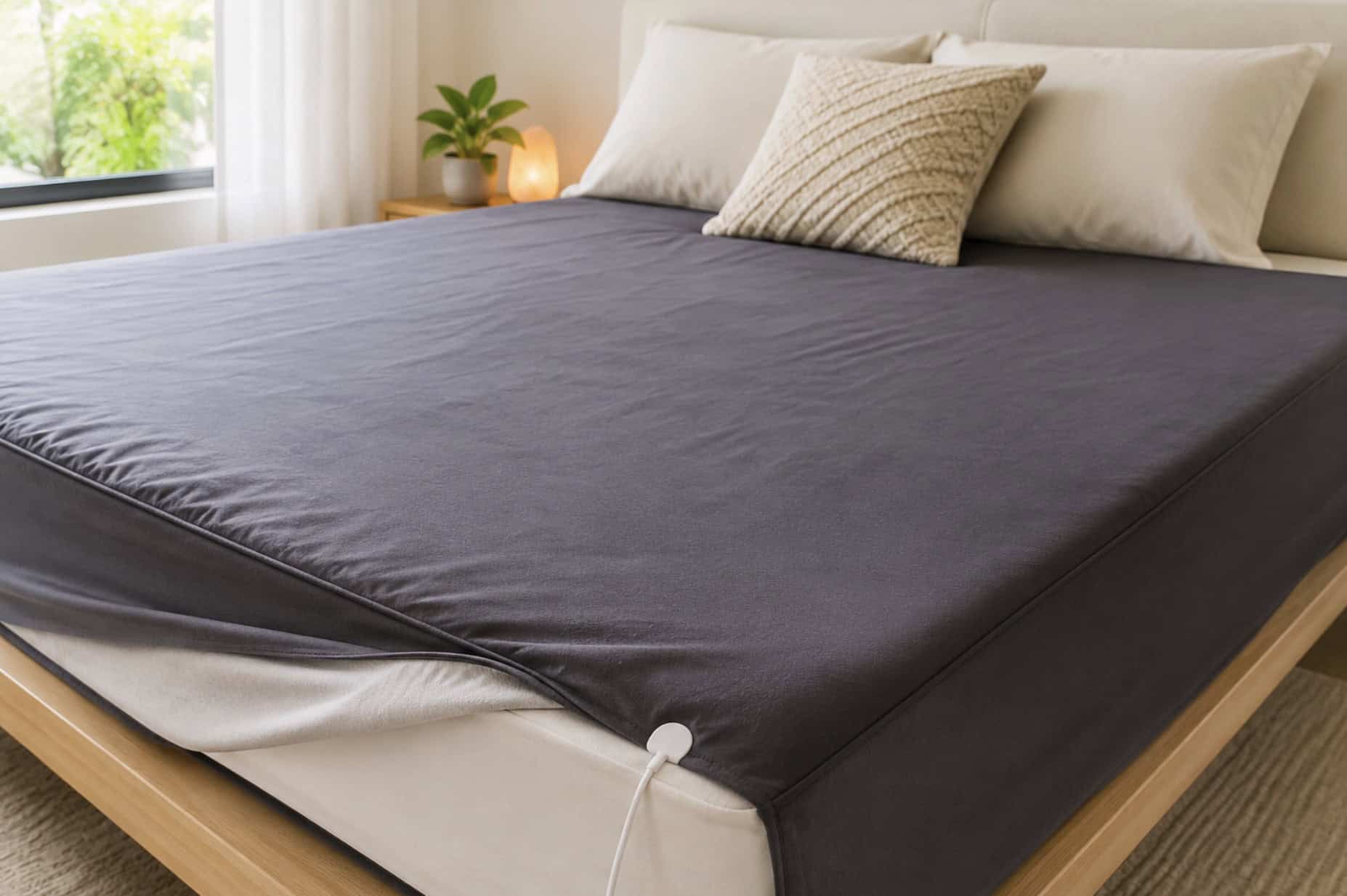 Organic grounding sheet fitted over a mattress in a bright modern bedroom, with a visible grounding cord connected at the corner and natural wood furniture in the background.