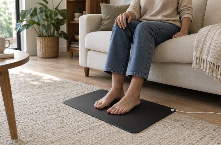 Person resting bare feet on a grounding mat beside a sofa in a naturally lit living room