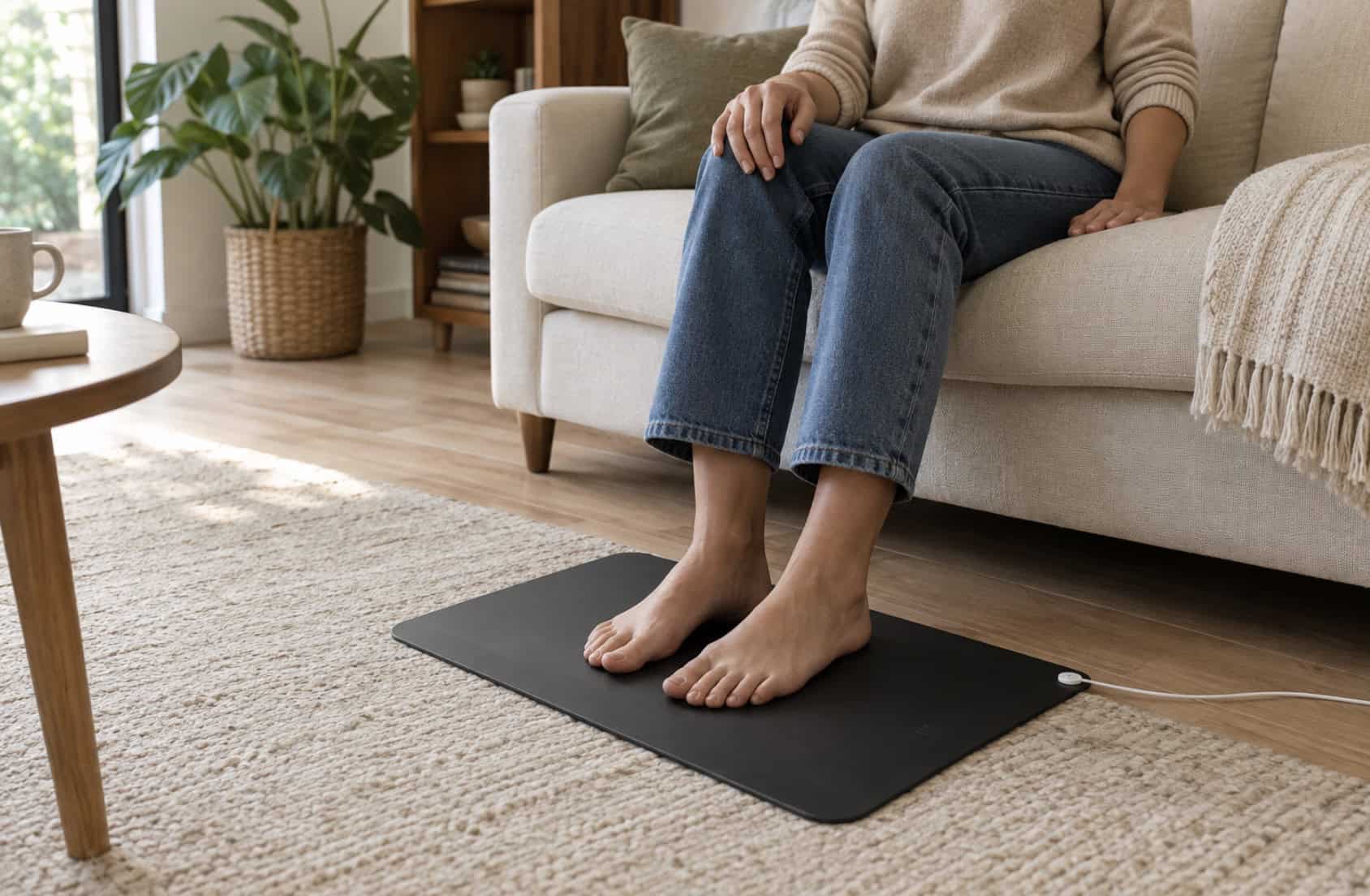 Person resting bare feet on a grounding mat beside a sofa in a naturally lit living room