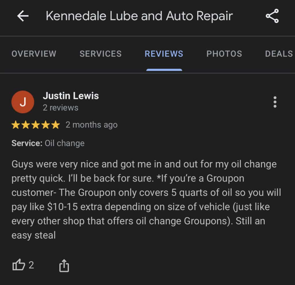 positive google review screenshot