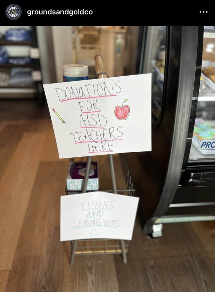 Sign from a local coffee shop collecting donations for teachers