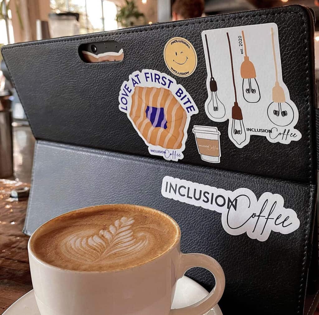 Promotional Inclusion Coffee sticker on laptop case