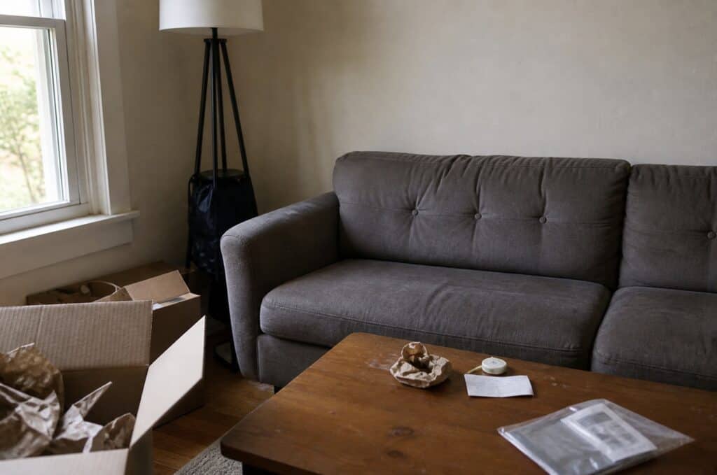 Lived-in living room with couch, open moving boxes, and natural light from window