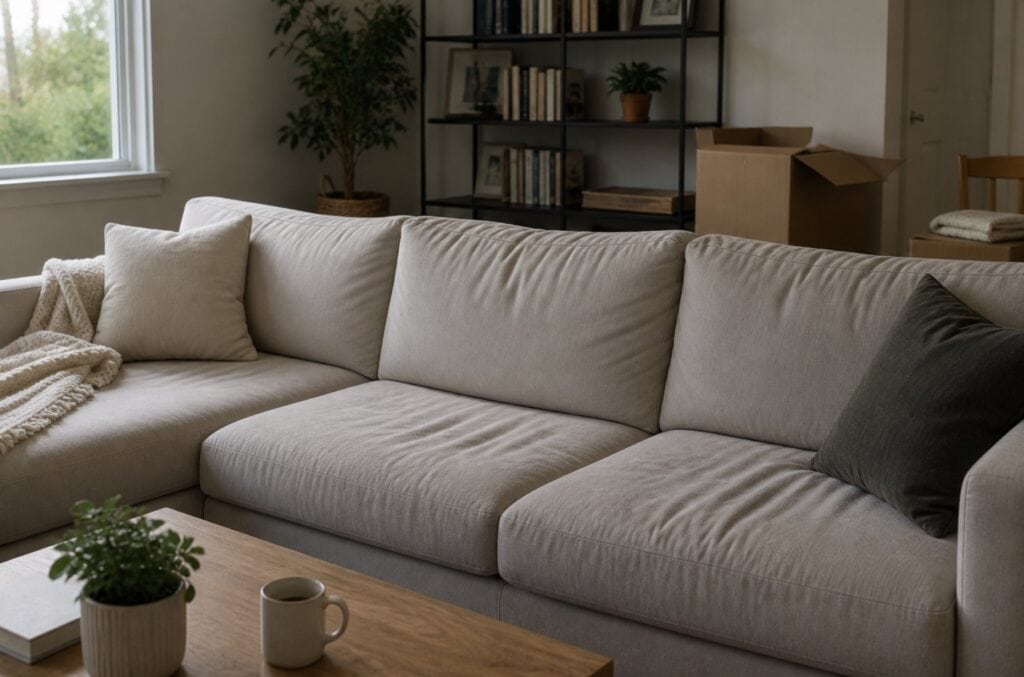 Living room with modern couch and natural lighting in a typical home setting