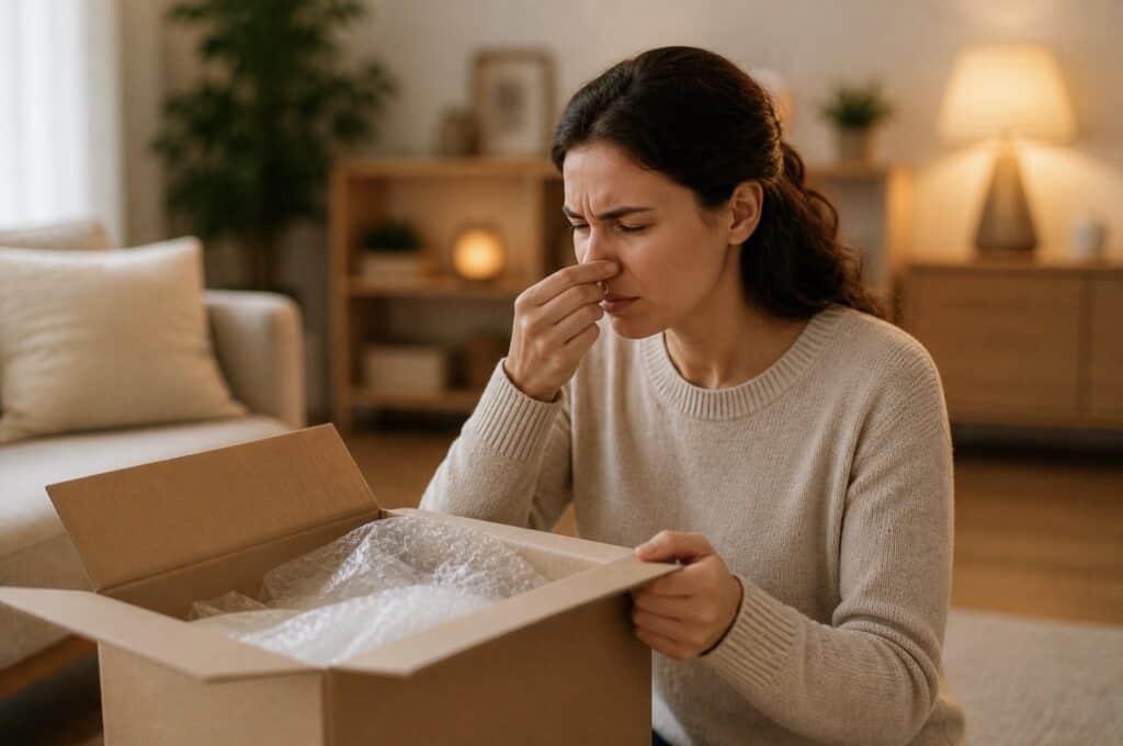 Woman reacting to strong chemical smell from newly opened product indoors