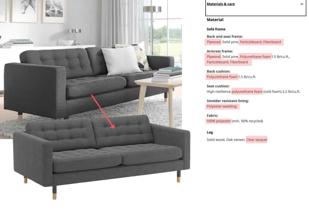 Picture of morabo sofa by IKEA and the material list used to make this products