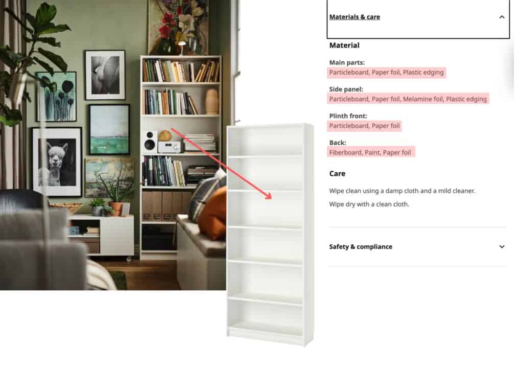 Picture of Billy Bookcase by IKEA and the material list used to make this products