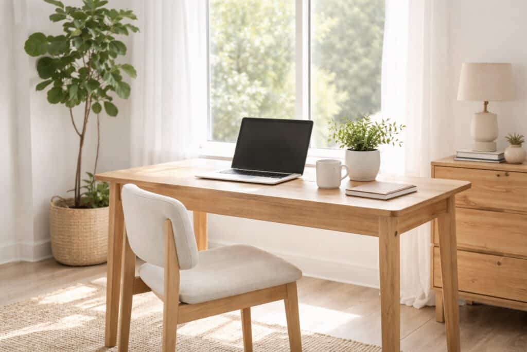 Minimalist home office with a natural wood desk, laptop, houseplants, and soft sunlight coming through a large window.