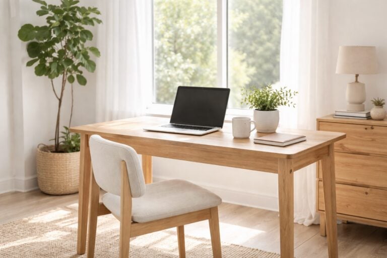 Minimalist home office with a natural wood desk, laptop, houseplants, and soft sunlight coming through a large window.