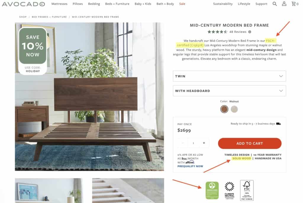 an example of a furniture brands web page that sells true natural wood furniture
