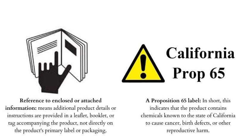 Prop 65 warning label and the "Reference to enclosed or attached information" label and their description