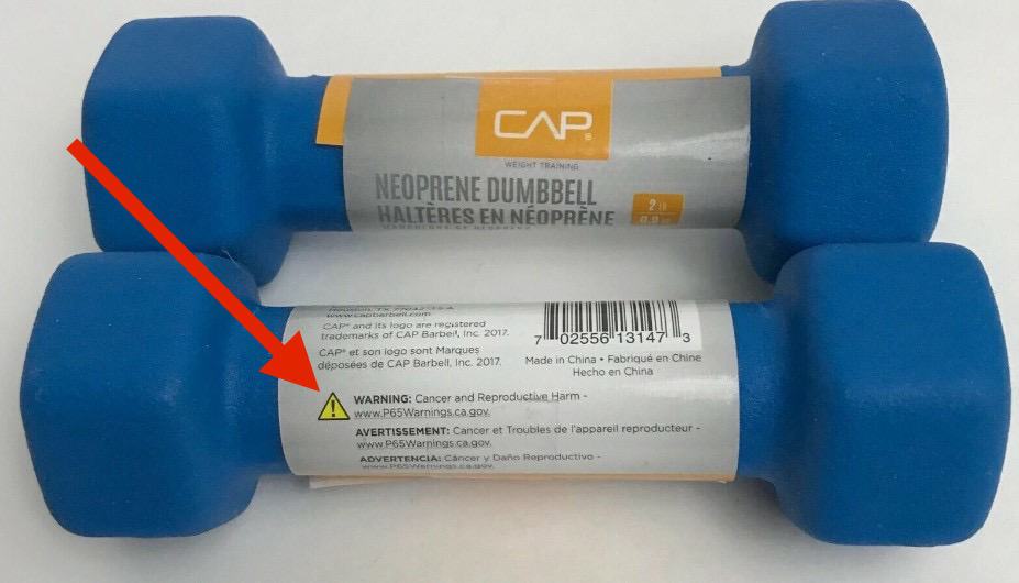 prop 65 warning on a neoprene dumbbell