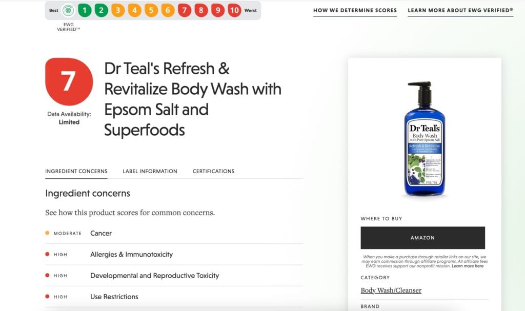 EWG' skin deep Dr.Teals ingredient breakdown 