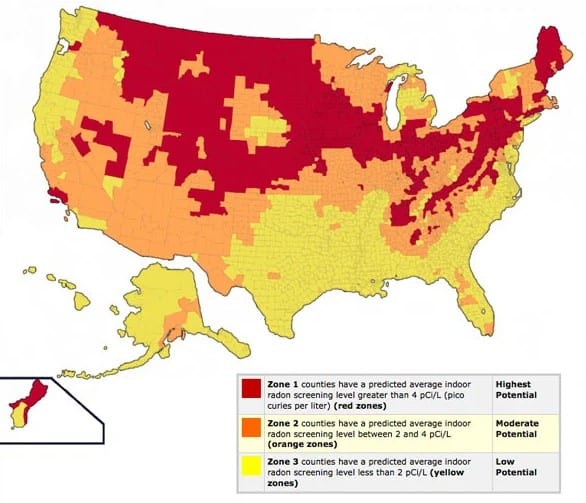 map of radon contamination levels in the U.S.
