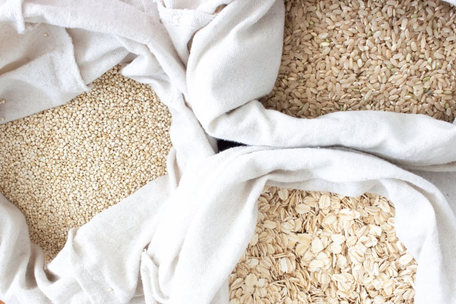 bulk items of rice and oats in cloth sack