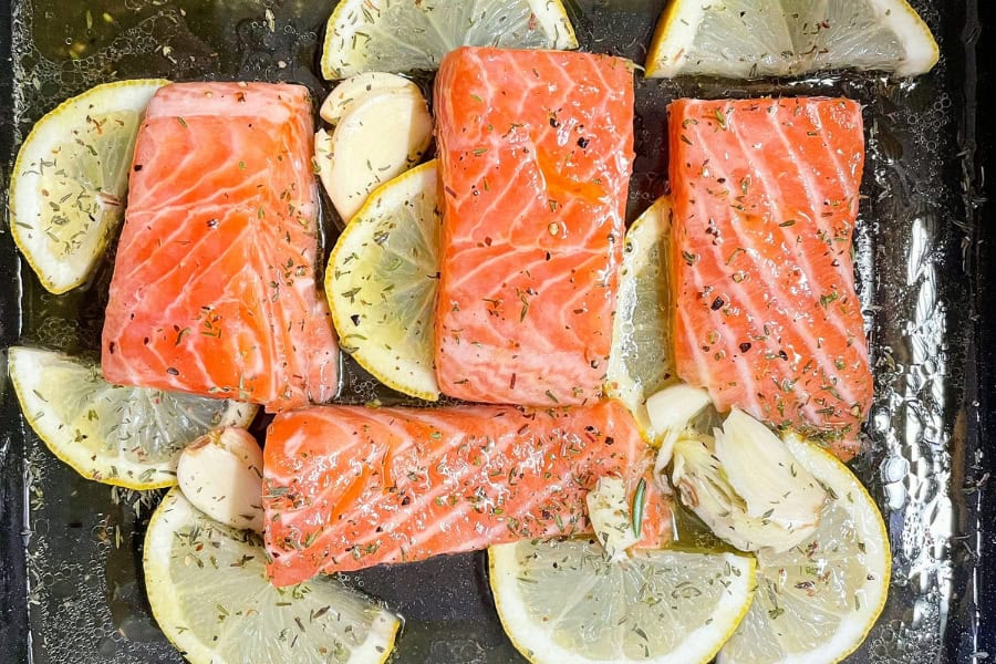 Salmon on a cooking sheet