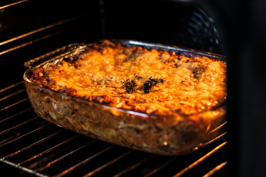 glass oven pan in the oven