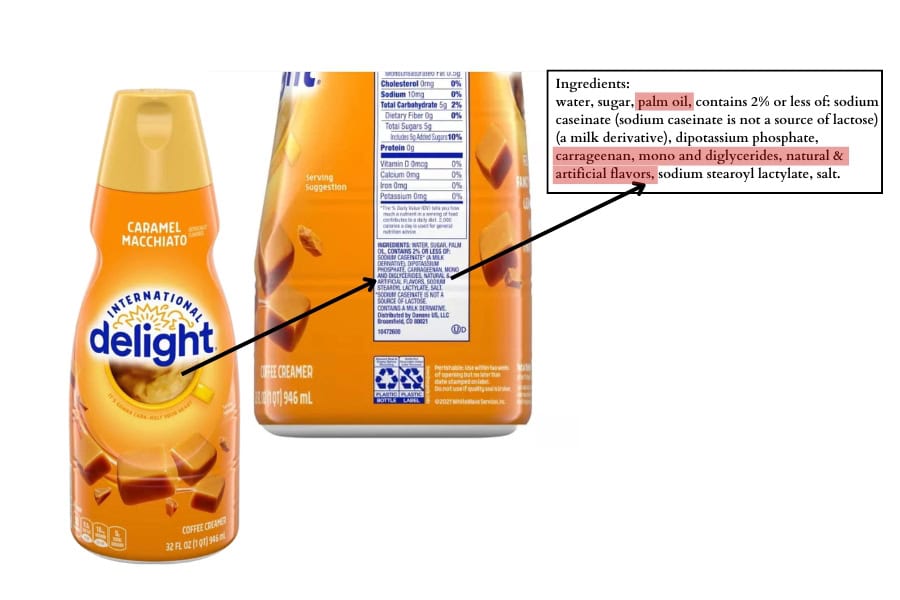 coffee creamer label with palm oil, carrageenan, mono and diglycerides, natural and artificial flavors