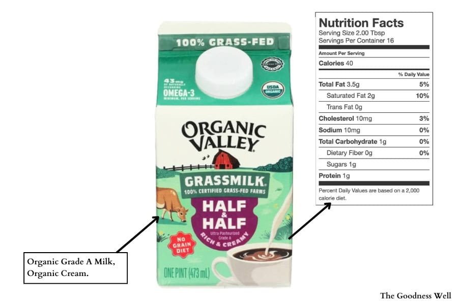 Organic Valley Grassmilk Half & Half ingredients list and nutrition label 