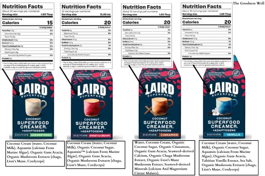 Laird Coconut Superfood Creamer flavors, ingredients and nutrition labels