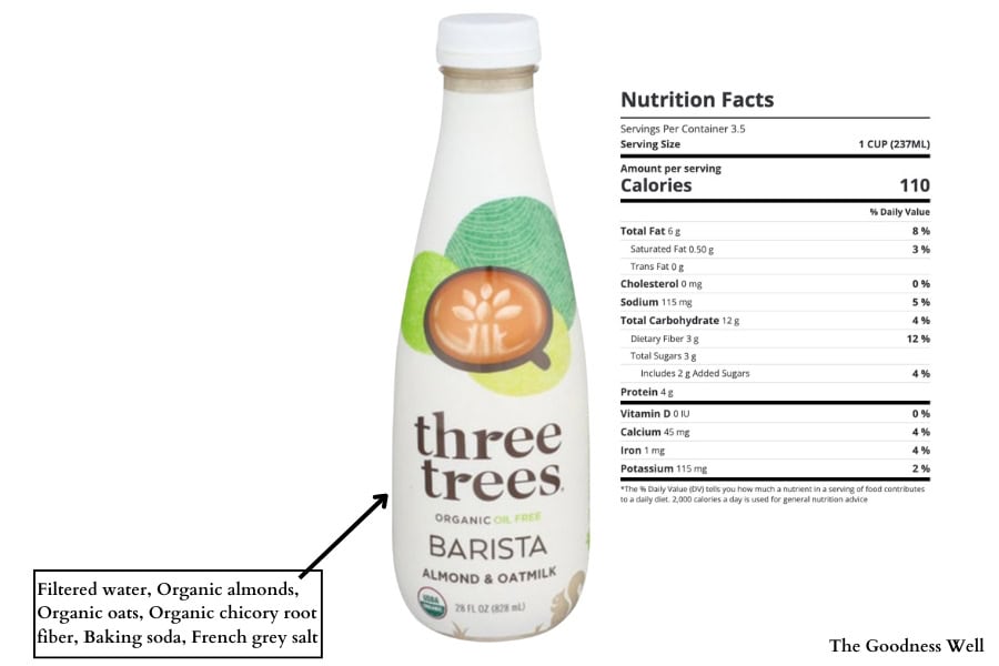 Three Trees Barista Almond & oat Milk ingredients and nutrition labels