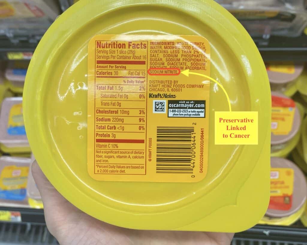 a package of deli meat showing, highlighting sodium nitrite, a preservative linked to cancer. 