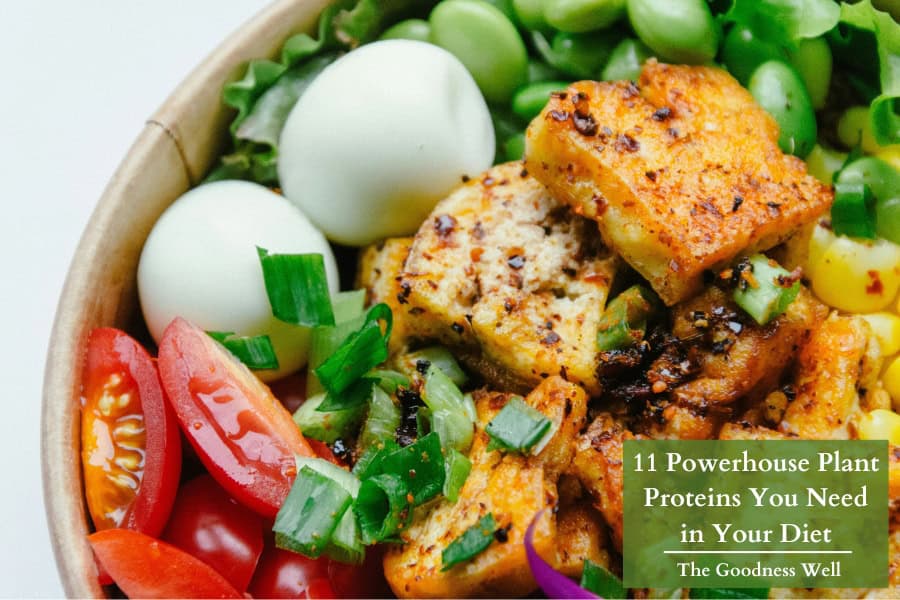 a salad bowl with boiled eggs, tofu and edamame