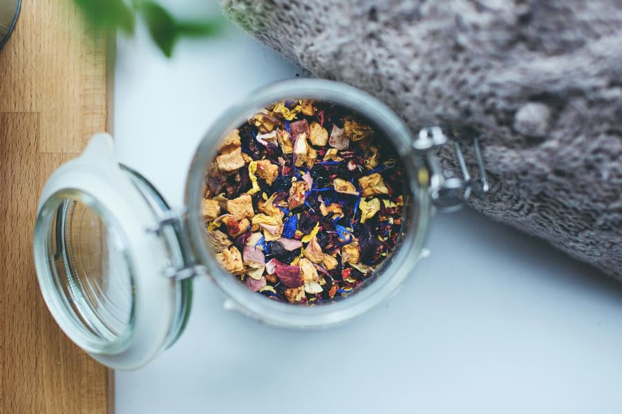 loose leaf tea in a glass jar