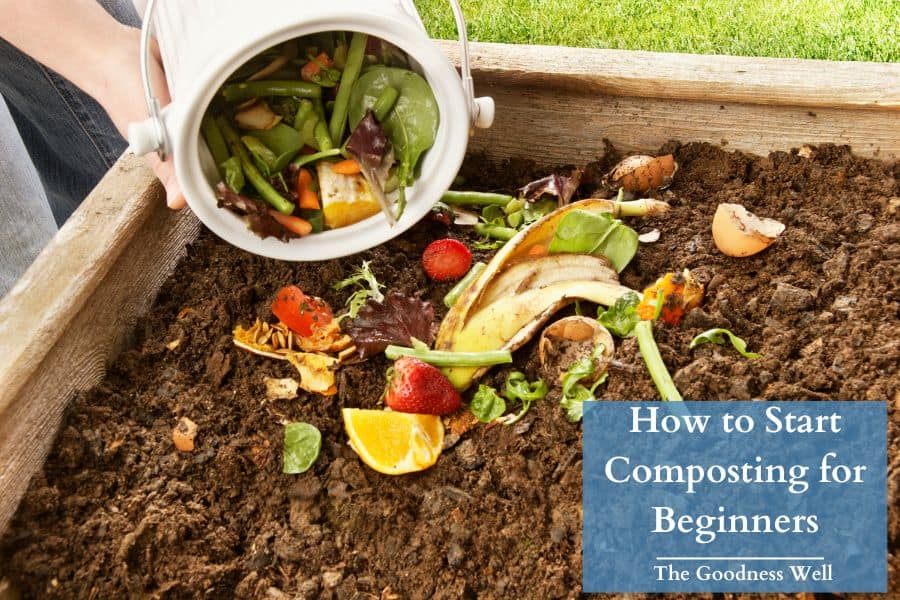 pouring food scraps into a garden bed