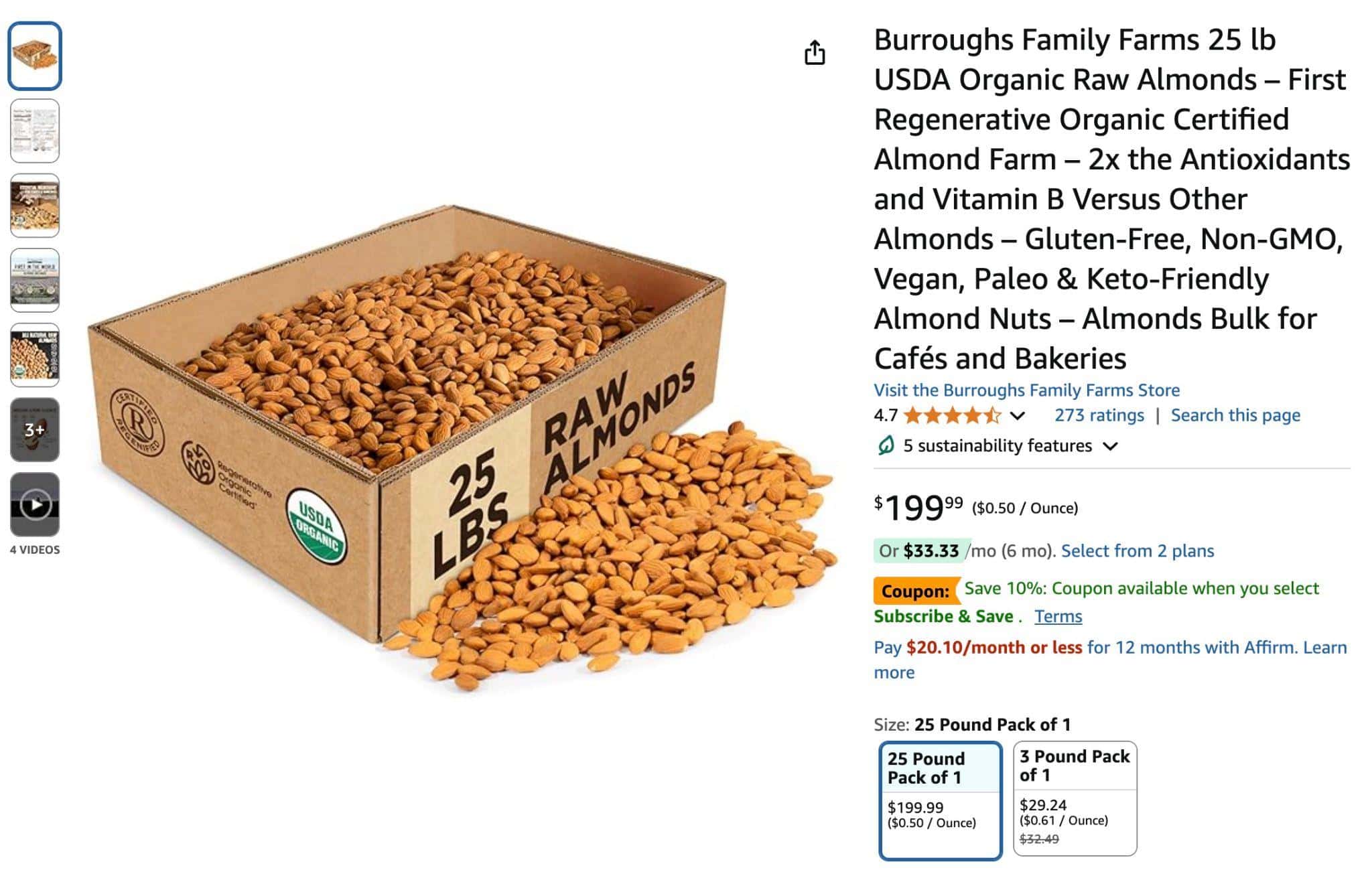 25-pound box of organic almonds at 50 cents per ounce